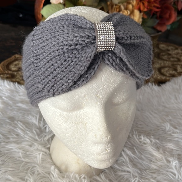 Grey Knit Headband With Rhinestone Detail Around The Bow - Picture 1 of 10
